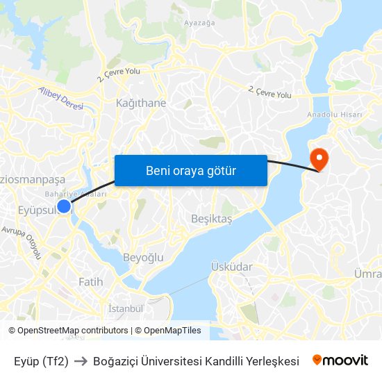 Eyüp (Tf2) to Boğaziçi Üniversitesi Kandilli Yerleşkesi map