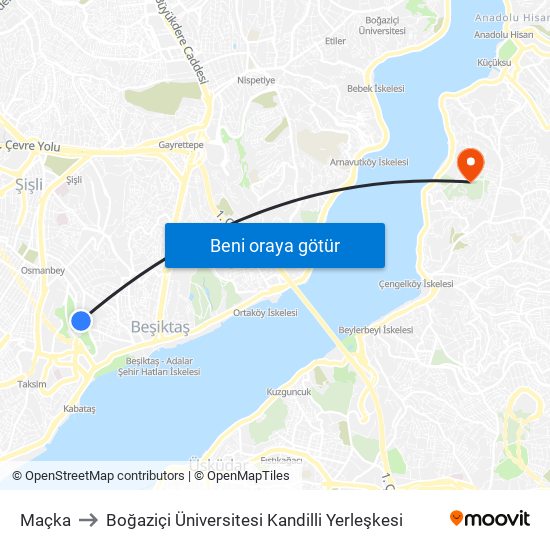 Maçka to Boğaziçi Üniversitesi Kandilli Yerleşkesi map