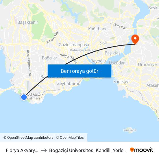 Florya Akvaryum to Boğaziçi Üniversitesi Kandilli Yerleşkesi map