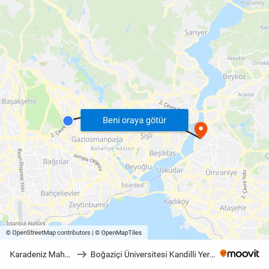 Karadeniz Mahallesi to Boğaziçi Üniversitesi Kandilli Yerleşkesi map