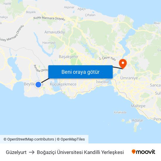 Güzelyurt to Boğaziçi Üniversitesi Kandilli Yerleşkesi map
