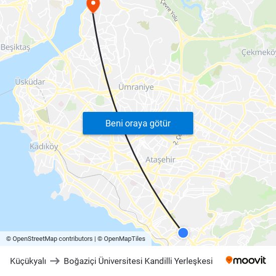 Küçükyalı to Boğaziçi Üniversitesi Kandilli Yerleşkesi map