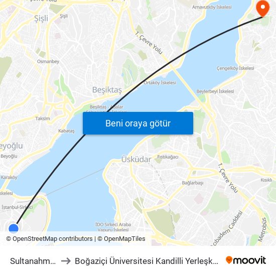 Sultanahmet to Boğaziçi Üniversitesi Kandilli Yerleşkesi map