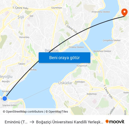 Eminönü (T1) to Boğaziçi Üniversitesi Kandilli Yerleşkesi map