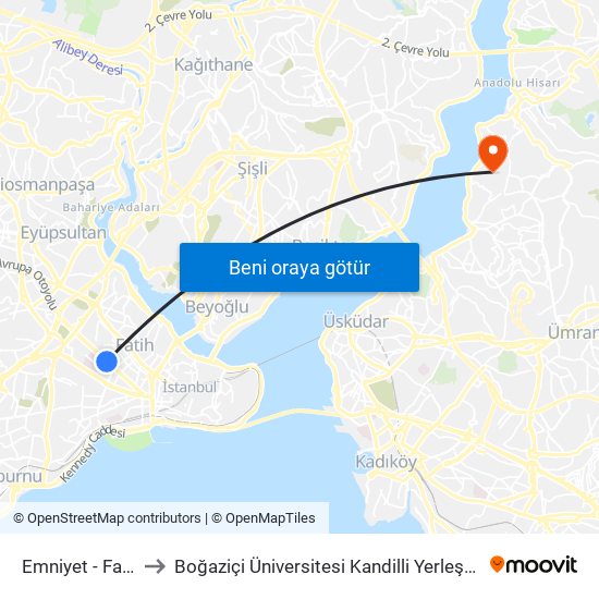 Emniyet - Fatih to Boğaziçi Üniversitesi Kandilli Yerleşkesi map