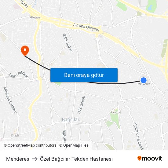 Menderes to Özel Bağcılar Tekden Hastanesi map