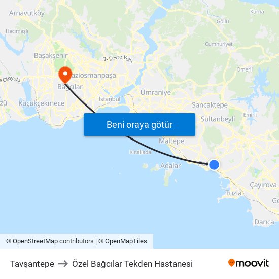 Tavşantepe to Özel Bağcılar Tekden Hastanesi map