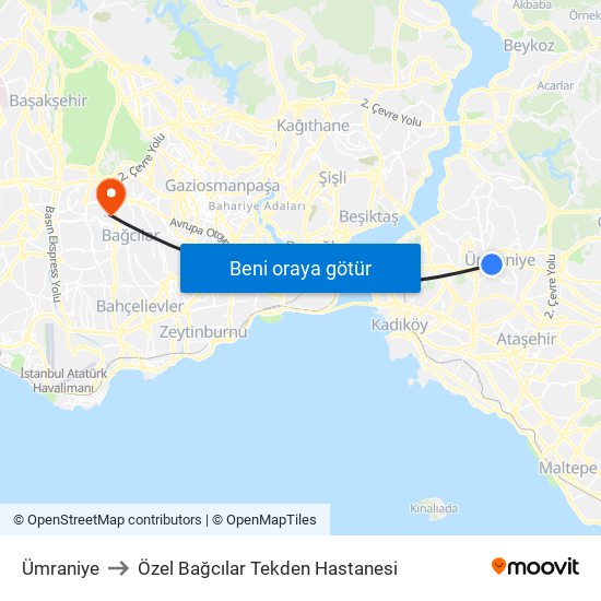 Ümraniye to Özel Bağcılar Tekden Hastanesi map