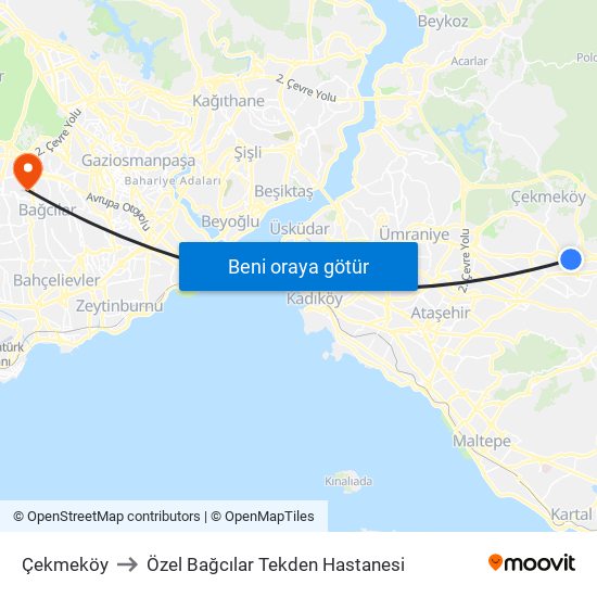 Çekmeköy to Özel Bağcılar Tekden Hastanesi map