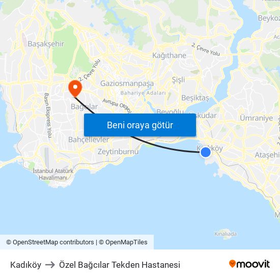 Kadıköy to Özel Bağcılar Tekden Hastanesi map