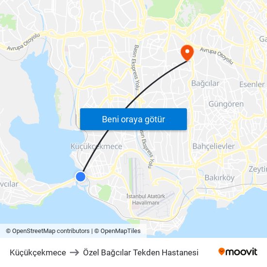 Küçükçekmece to Özel Bağcılar Tekden Hastanesi map