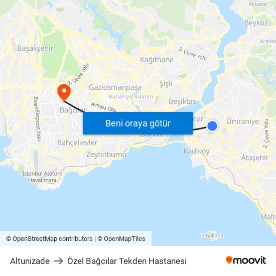 Altunizade to Özel Bağcılar Tekden Hastanesi map