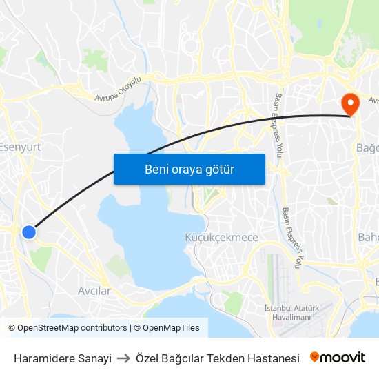 Haramidere Sanayi to Özel Bağcılar Tekden Hastanesi map