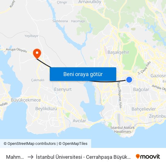 Mahmutbey to İstanbul Üniversitesi - Cerrahpaşa Büyükçekmece Yerleşkesi map