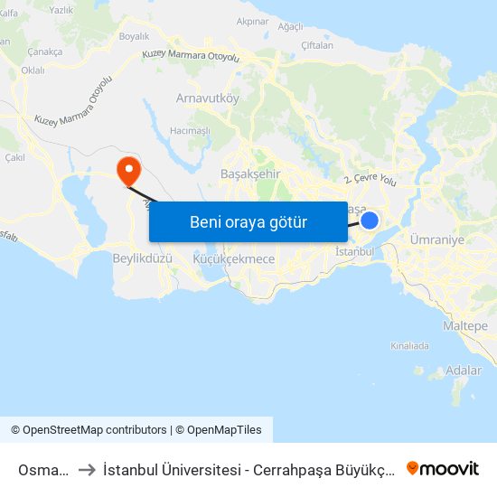 Osmanbey to İstanbul Üniversitesi - Cerrahpaşa Büyükçekmece Yerleşkesi map