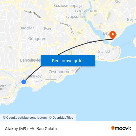 Ataköy (M9) to Bau Galata map