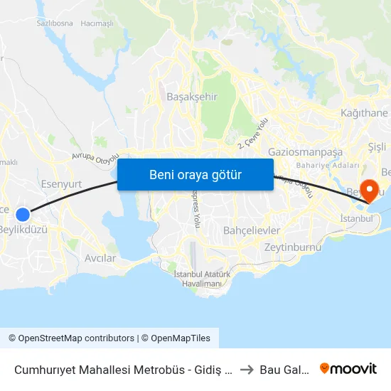 Cumhurıyet Mahallesi Metrobüs - Gidiş Yönü to Bau Galata map