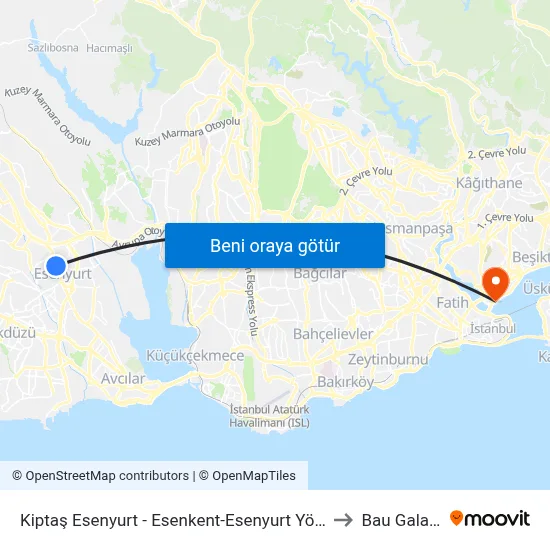Kiptaş Esenyurt - Esenkent-Esenyurt Yönü to Bau Galata map