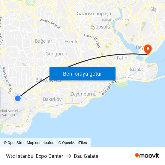 Wtc Istanbul Expo Center to Bau Galata map