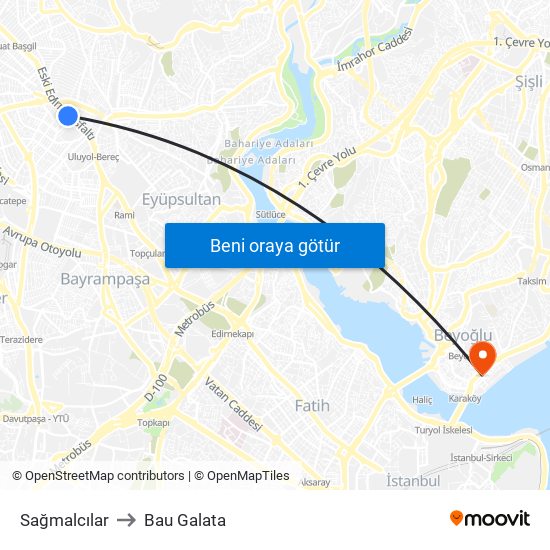 Sağmalcılar to Bau Galata map