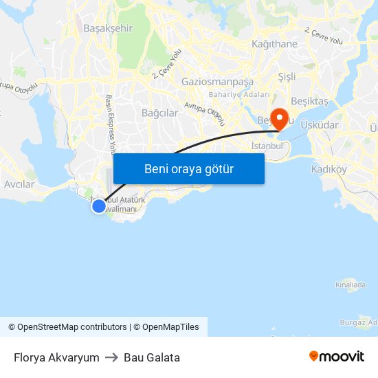 Florya Akvaryum to Bau Galata map