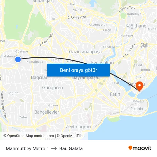 Mahmutbey Metro 1 to Bau Galata map