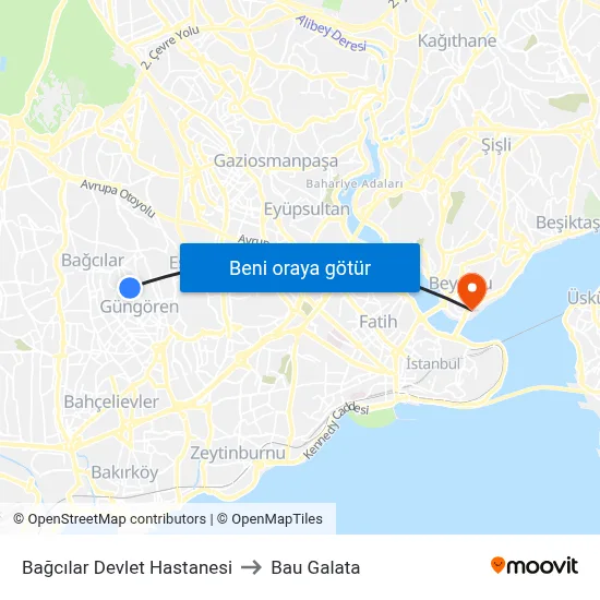 Bağcılar Devlet Hastanesi to Bau Galata map