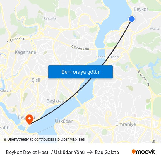 Beykoz Devlet Hast. / Üsküdar Yönü to Bau Galata map