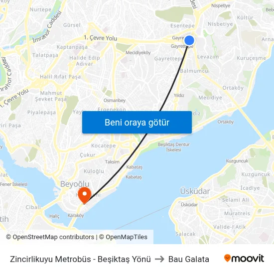 Zincirlikuyu Metrobüs - Beşiktaş Yönü to Bau Galata map