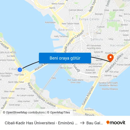 Cibali-Kadir Has Üniversitesi - Eminönü Yönü to Bau Galata map