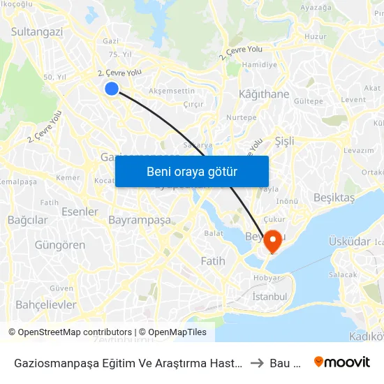 Gaziosmanpaşa Eğitim Ve Araştırma Hastanesi - Son Durak Yönü to Bau Galata map