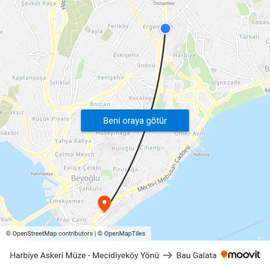 Harbiye Askeri Müze - Mecidiyeköy Yönü to Bau Galata map