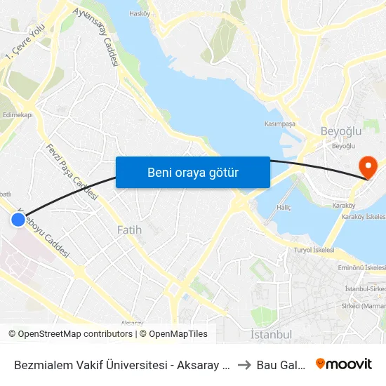Bezmialem Vakif Üniversitesi - Aksaray Yönü to Bau Galata map