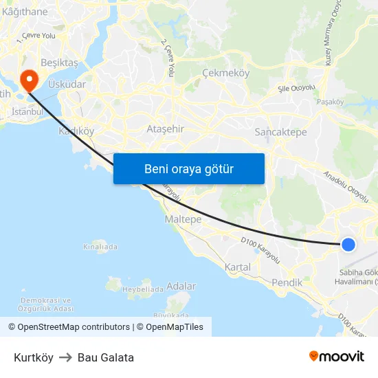 Kurtköy to Bau Galata map