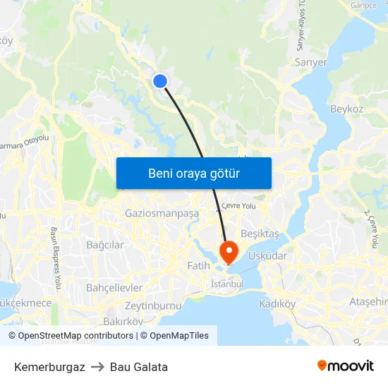 Kemerburgaz to Bau Galata map