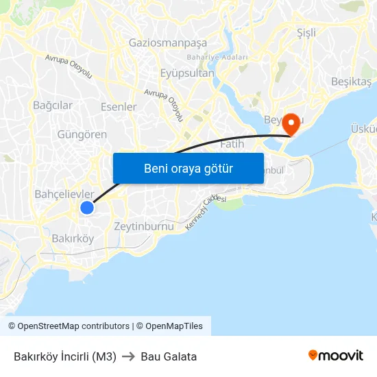 Bakırköy İncirli (M3) to Bau Galata map
