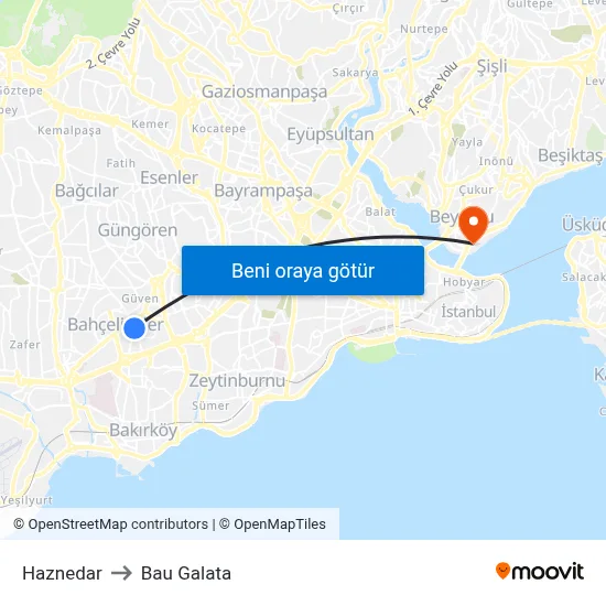Haznedar to Bau Galata map