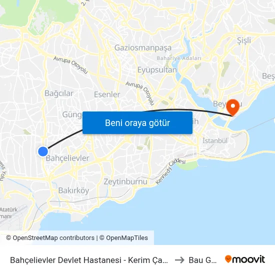 Bahçelievler Devlet Hastanesi - Kerim Çavuşpaşa Yönü to Bau Galata map