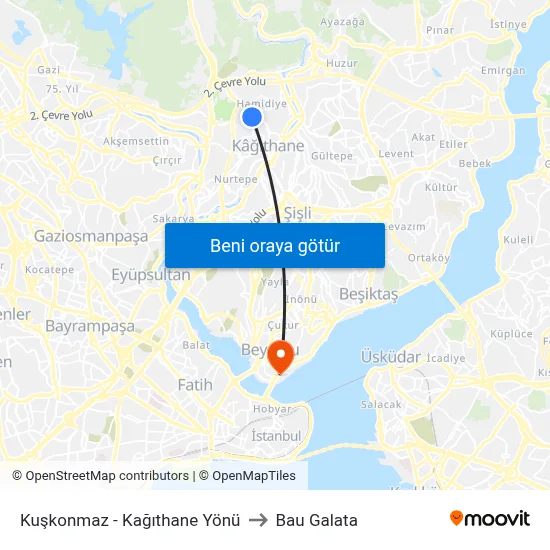 Kuşkonmaz - Kağıthane Yönü to Bau Galata map