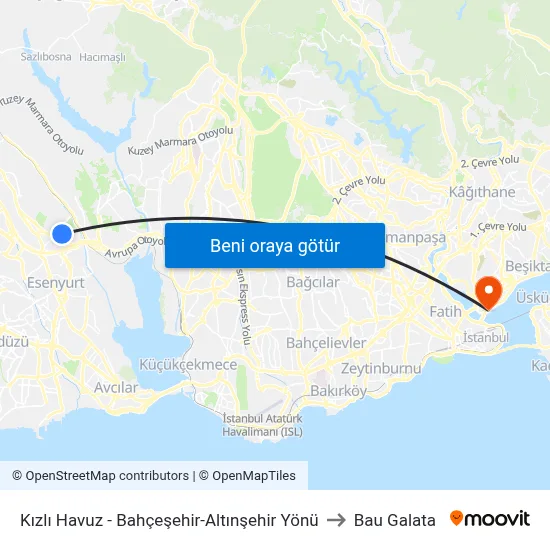Kızlı Havuz - Bahçeşehir-Altınşehir Yönü to Bau Galata map