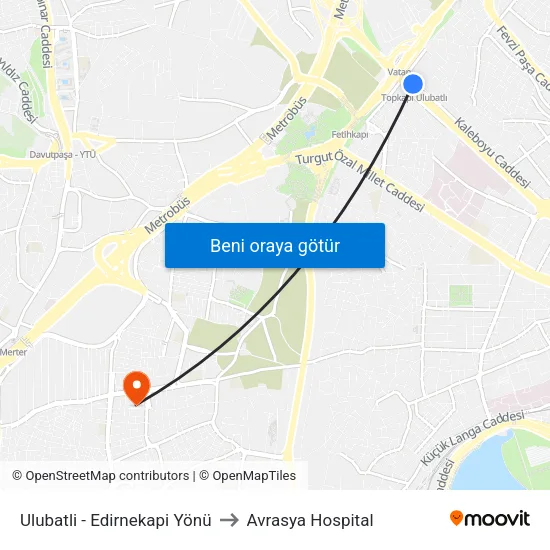 Ulubatli - Edirnekapi Yönü to Avrasya Hospital map