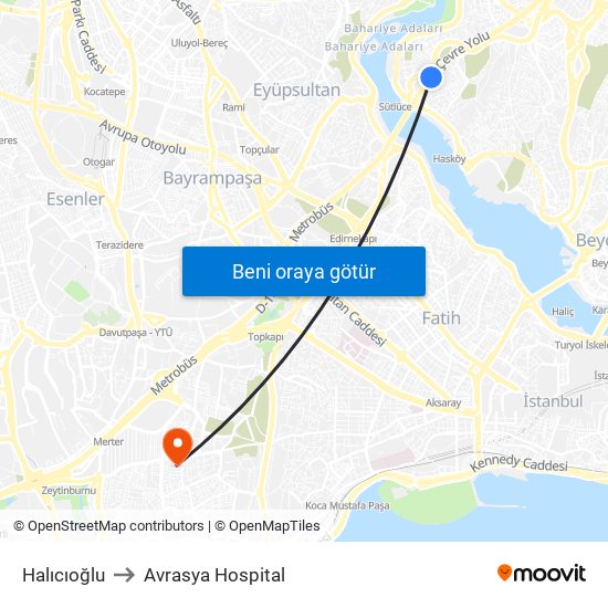 Halıcıoğlu to Avrasya Hospital map
