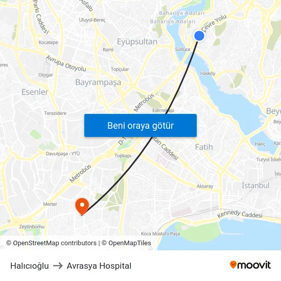 Halıcıoğlu to Avrasya Hospital map