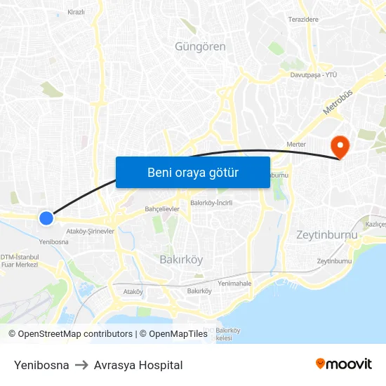 Yenibosna to Avrasya Hospital map