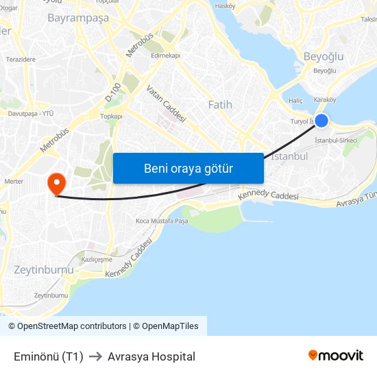 Eminönü (T1) to Avrasya Hospital map