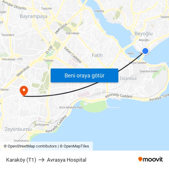 Karaköy (T1) to Avrasya Hospital map