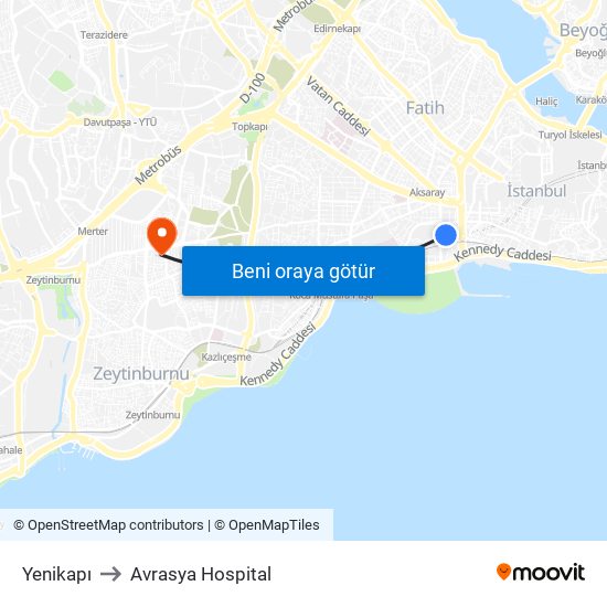 Yenikapı to Avrasya Hospital map