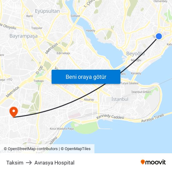 Taksim to Avrasya Hospital map