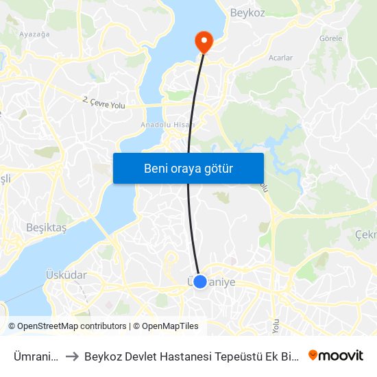 Ümraniye to Beykoz Devlet Hastanesi Tepeüstü Ek Binası map