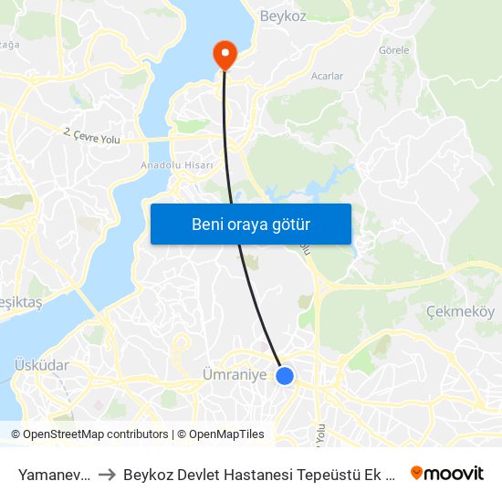 Yamanevler to Beykoz Devlet Hastanesi Tepeüstü Ek Binası map